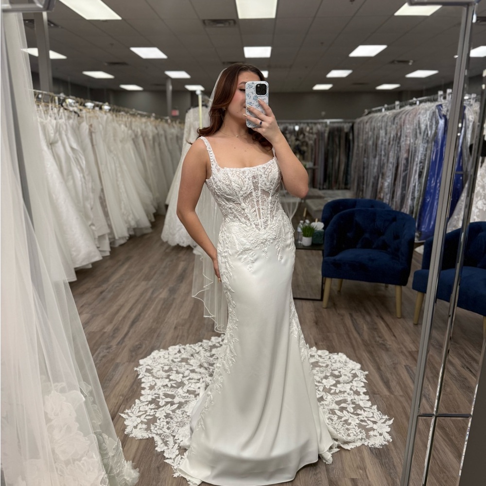 Nora Spencer Signature Fitted Crepe and Lace Appliqué Wedding Gown